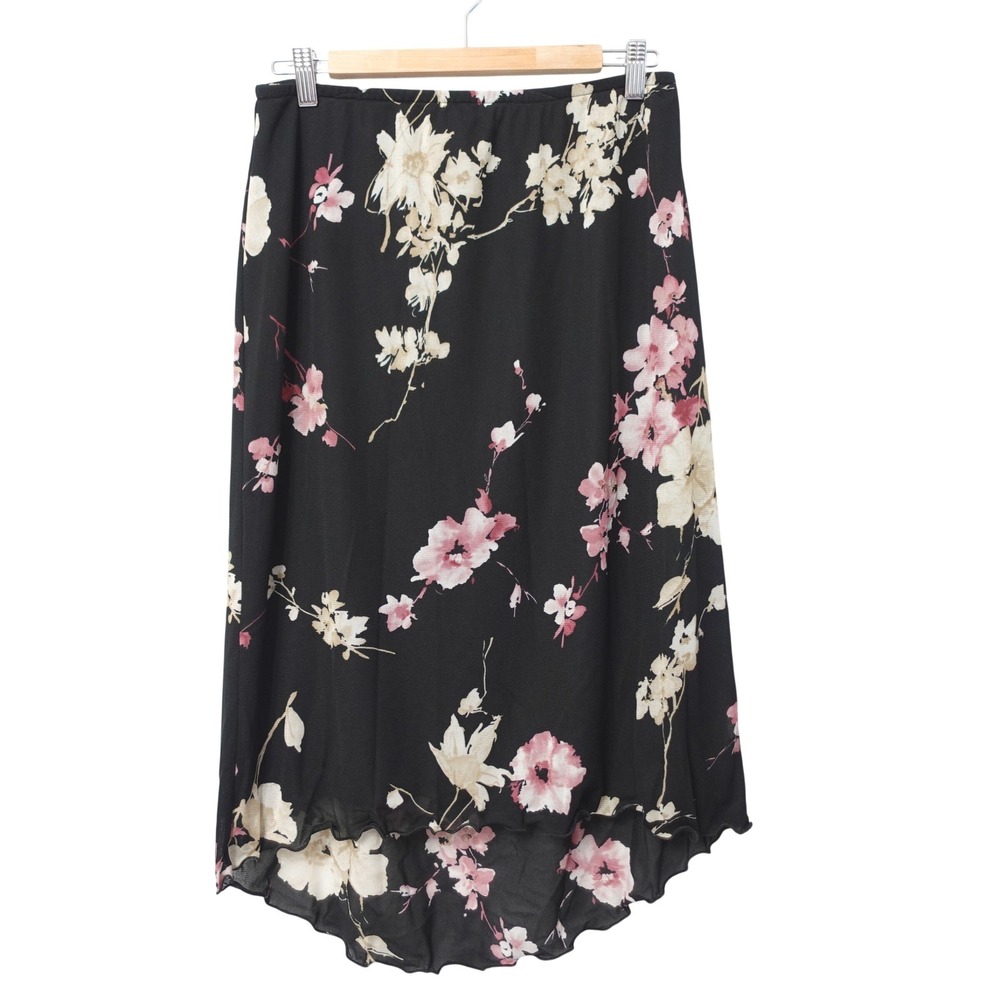 Vintage Y2K Floral Mesh High Low Midi Skirt Black Pink Large Whimsy Romantic USA